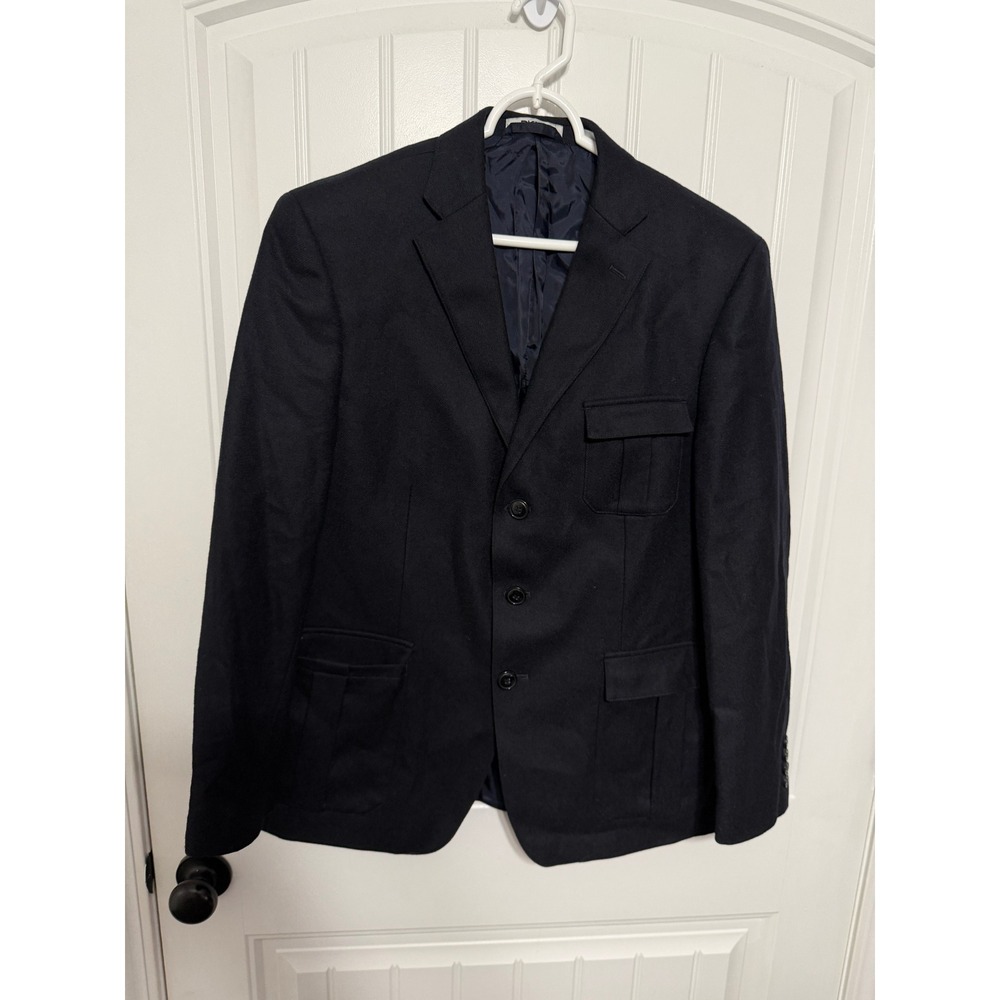 DKNY Wool Blazer Mens 44R Navy Blue 3-Button Utility Field Jacket EUC